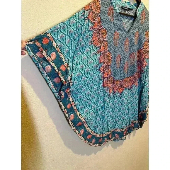 Tolani Womens L Geometric Print Tunic Top Turquoise Boho Artsy Kimono Pullover - Picture 7 of 9